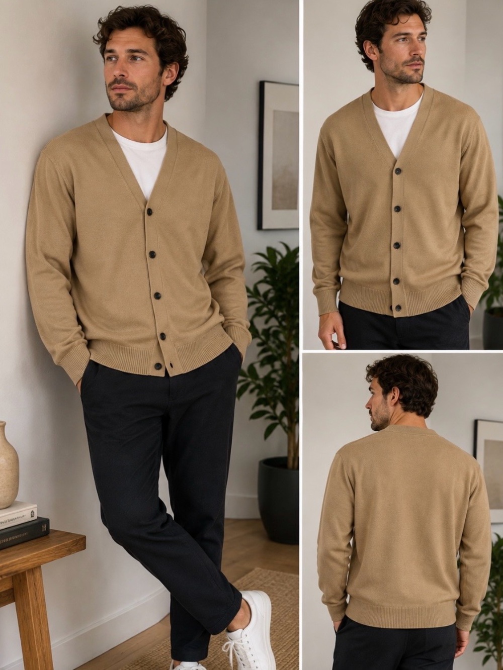 RW&CO. Men's Camel Button-Up V-Neck Cardigan